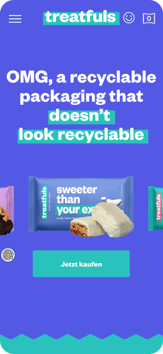 Hier ist eine Seite der treatfuls App hinterlegt, um darzustellen, dass es sich um vegane Snacks mit nachhaltigen Verpackungsdesigns handelt. 